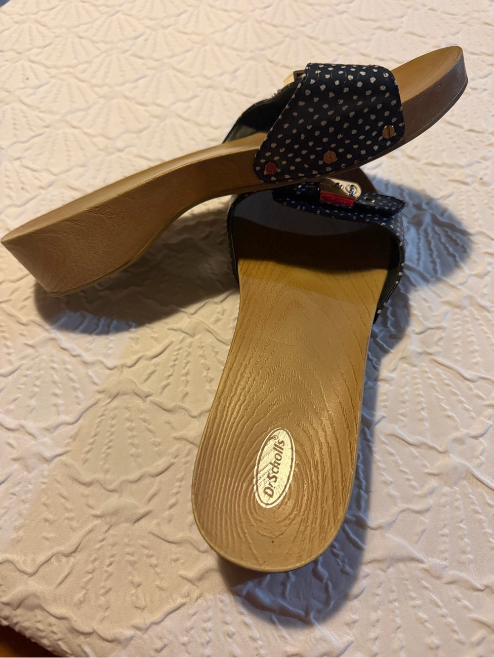 Dr. Scholl's Navy Polka Dot Slide Clogs with Gold Buckle navy blue - Picture 8 of 13